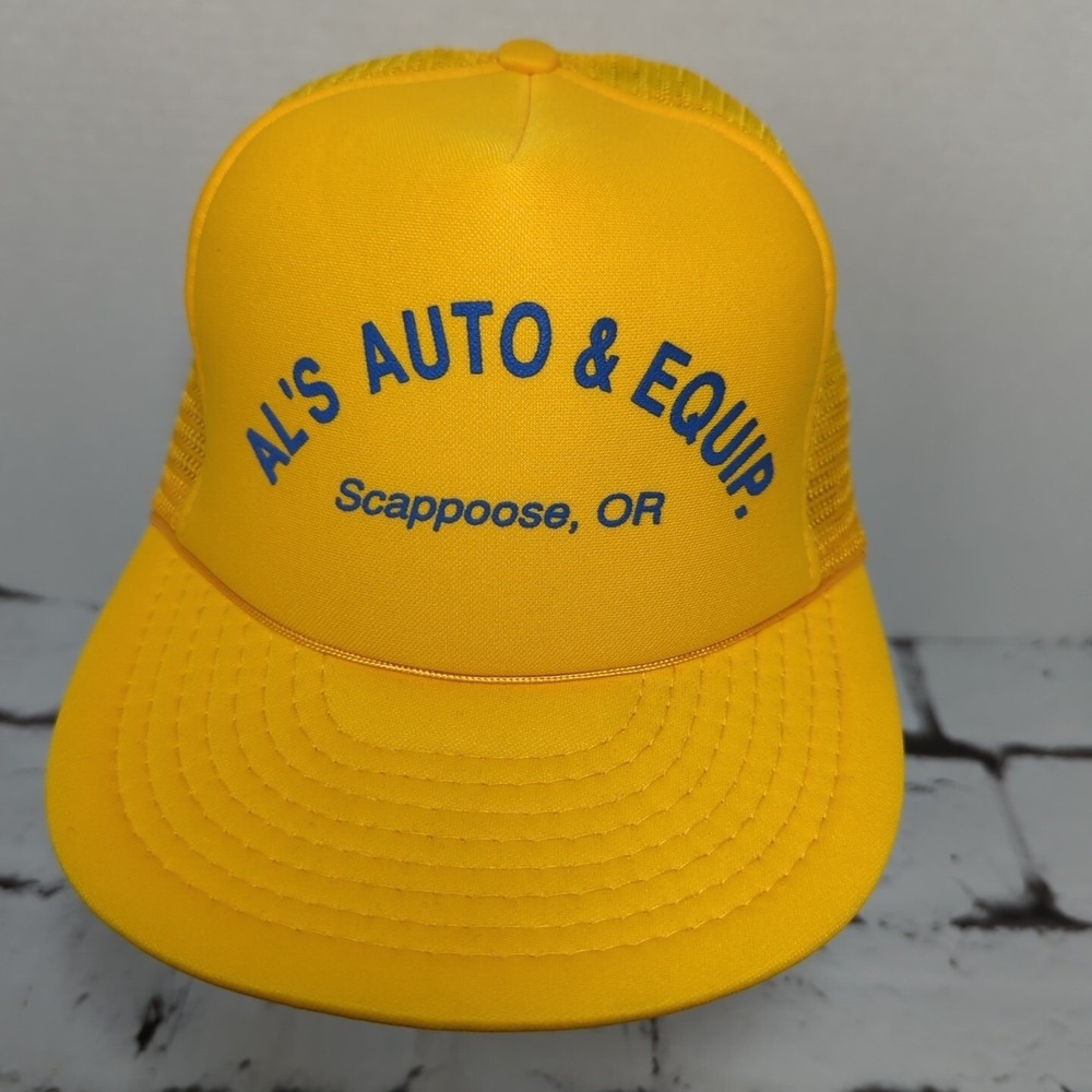 Al's Auto‎ Equipment Scappoose Oregon Vtg Yellow Trucker Snapback Hat Ball Cap